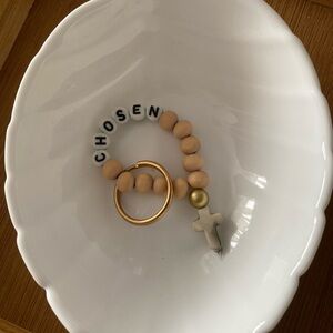 Gold and Tan Beaded Keychain with Cross Charm or as Favor